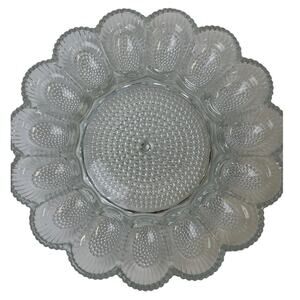 Vintage Cut Pebbled Glass Deviled Egg Serving Platter Plate Holds 15 Eggs